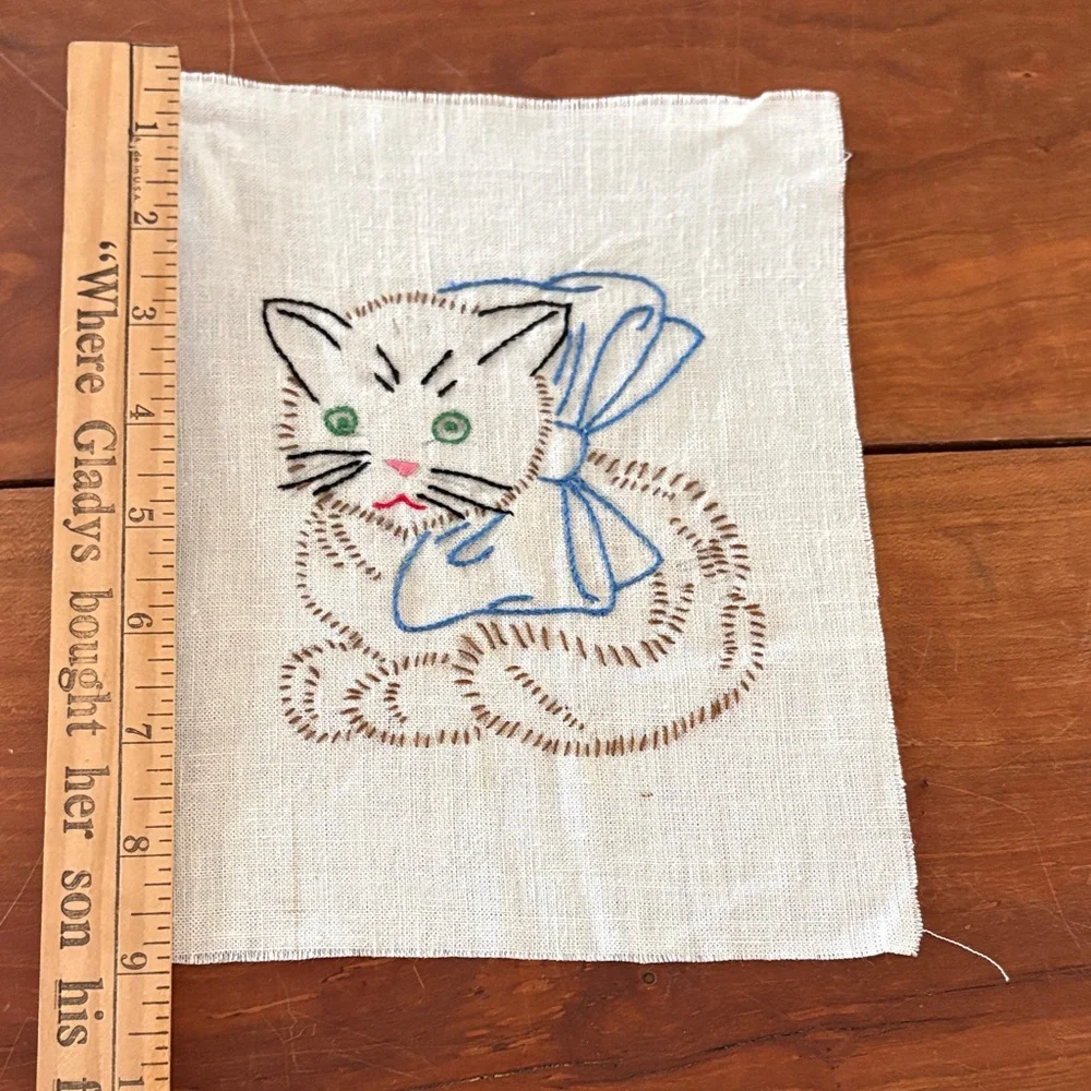 Hand Embroidered Cat Linen Squares - Blue and Pink